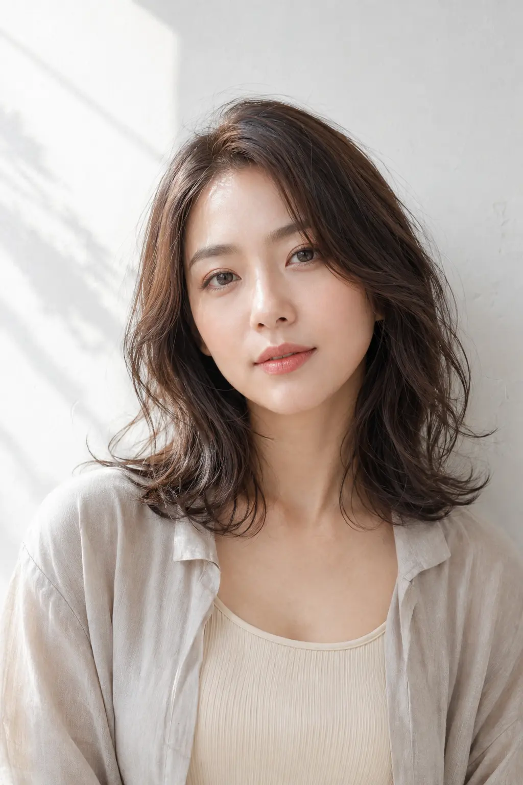 柔らかなミディアムウェーブのヘアスタイル