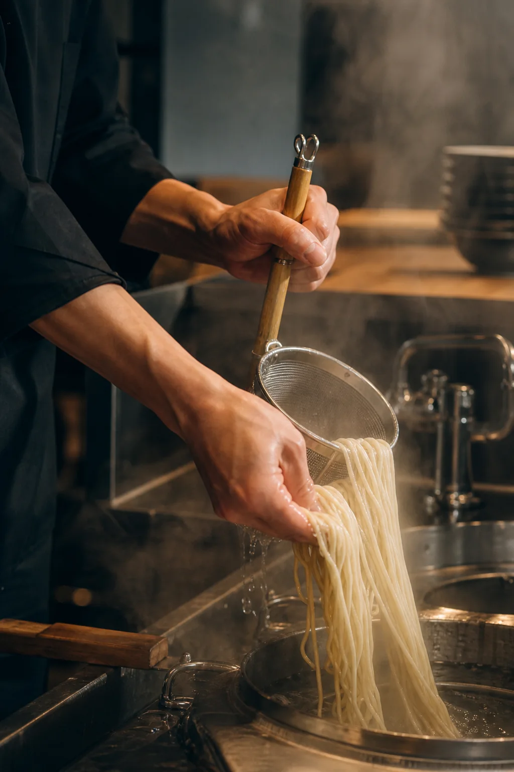 厨房で麺を丁寧に湯切りする職人の手元