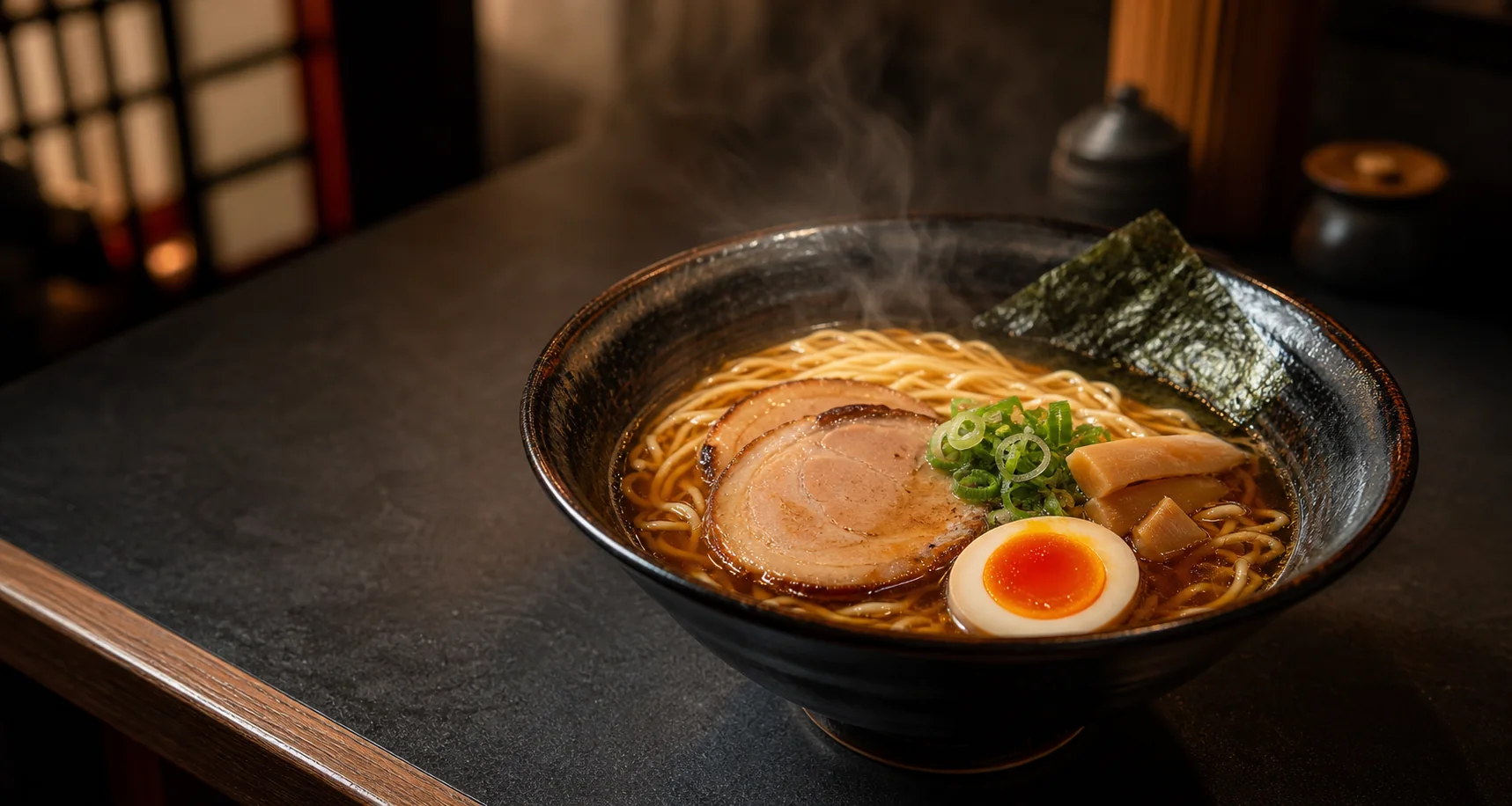 湯気の立つ醤油らぁ麺