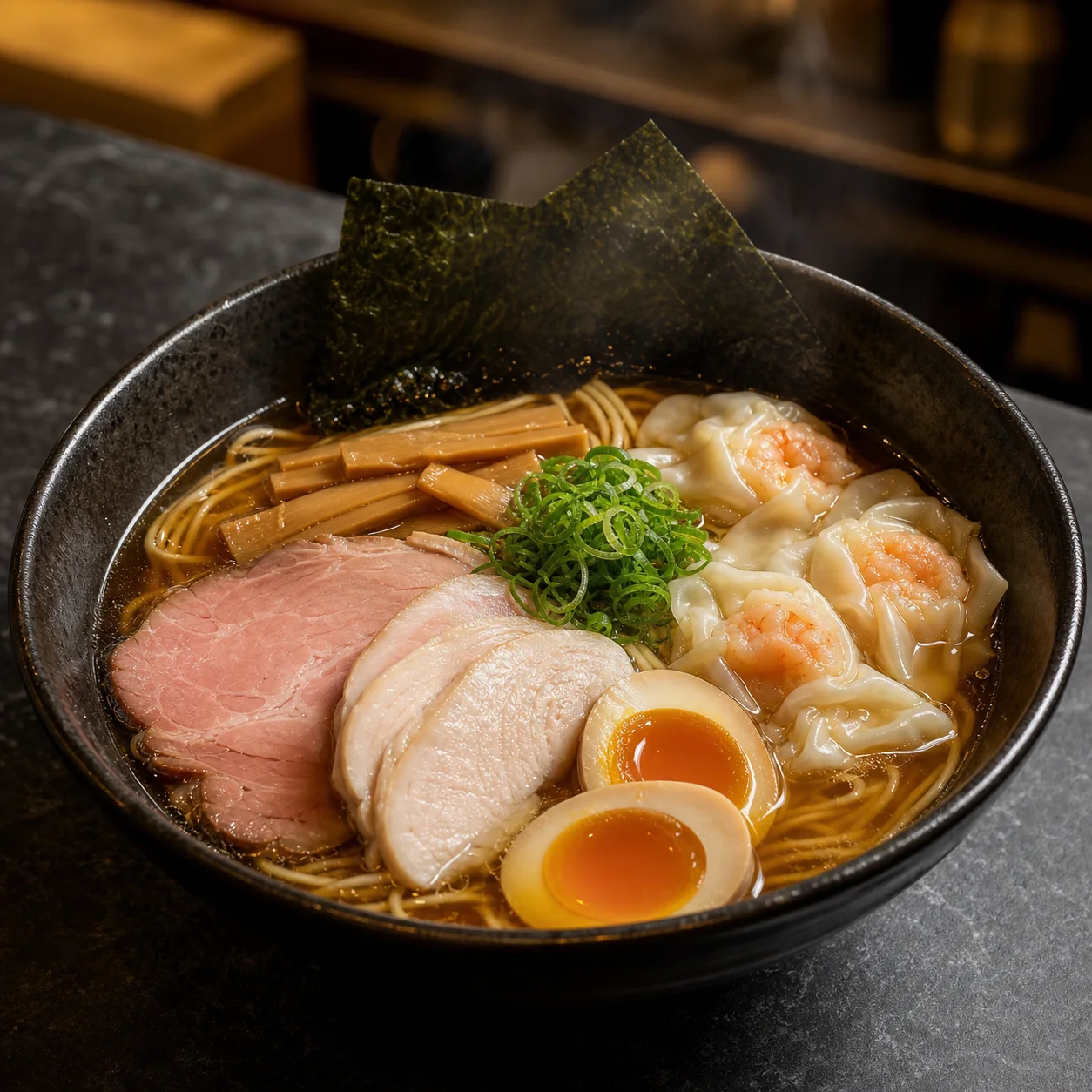 二種のチャーシューと海老ワンタンを盛り付けた特製醤油らぁ麺